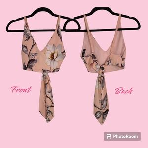 Meek V Neck Nude Pink Floral Open Tie Back Bralette Crop Top Size Small